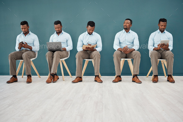 Interview, hiring and waiting with a black man in business sitting in line for a meeting with human
