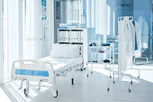 Backgrounds of empty patient room, bed and private healthcare facility, hospital and medical center