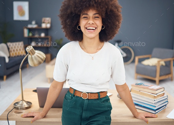 Black woman, afro or business motivation in home office and digital marketing laptop, research book