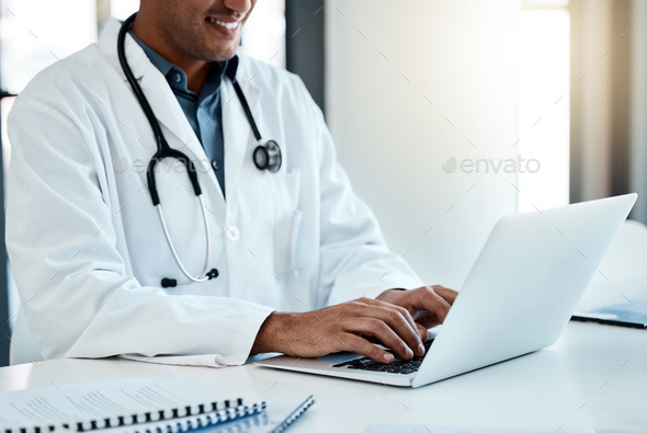 Doctor, laptop and typing email or online medical prescription for healthcare treatment plan. Hospi