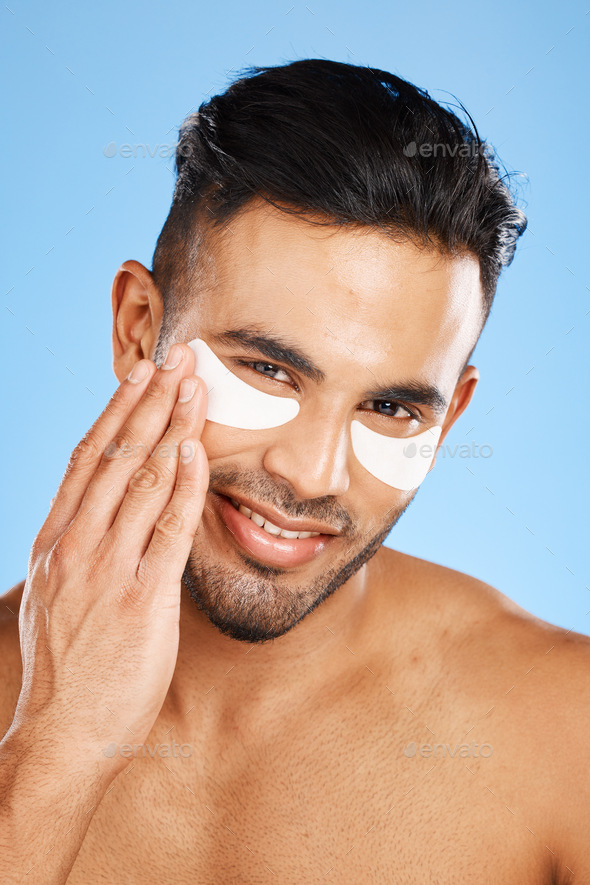 Man, eye care and cotton patch for skincare, organic facial or wellness for health, body care or cl