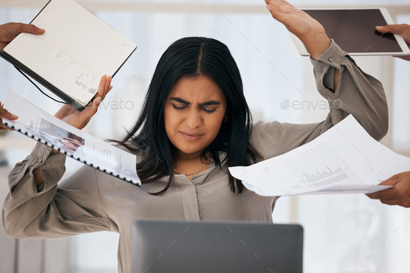Busy woman, office documents and burnout from work overload, stress and chaos in corporate workplac