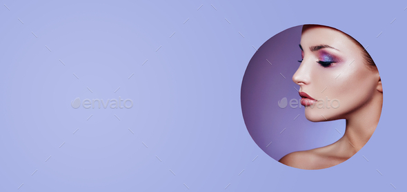 Woman in a round hole circle in purple background, Beauty makeup cosmetics nature fashion