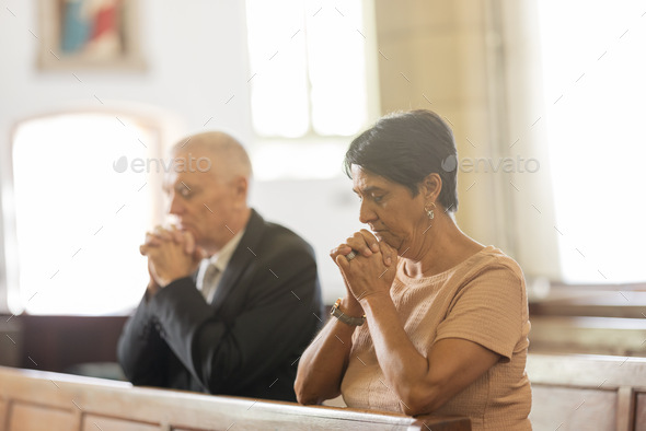 Senior couple, christian and pray in church, religion and spiritual for help, respect and thank you
