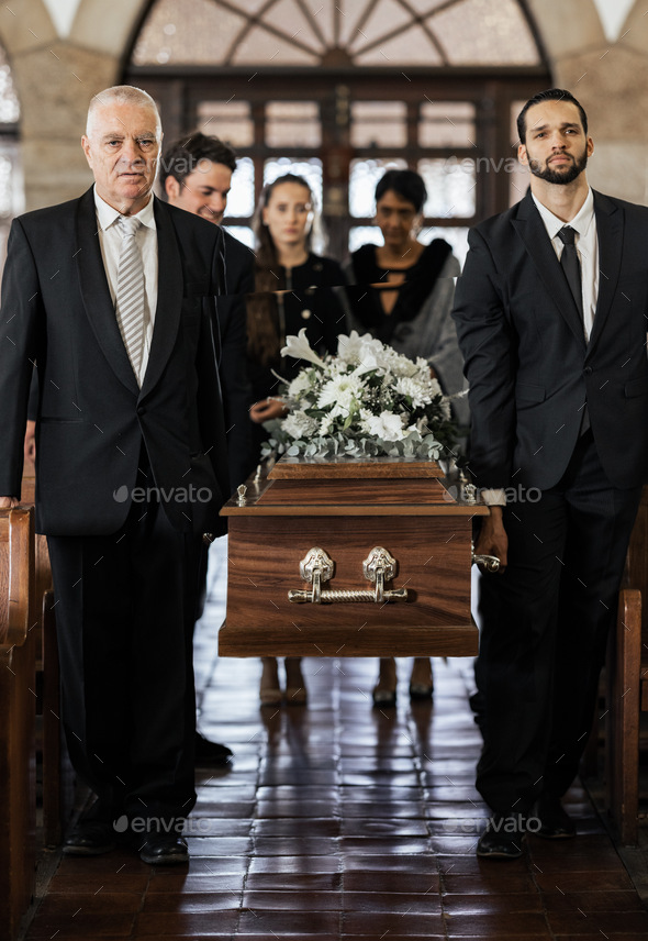 Funeral church and family carry coffin for death grief or sermon for