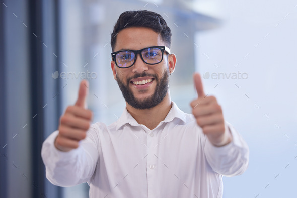 Businessman, vision glasses and thumbs up in success, motivation or vote for marketing company and
