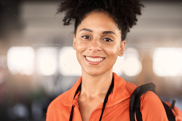 Happy black woman, gym portrait and backpack for training, exercise ...