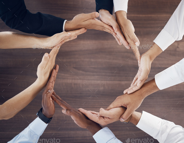 Business diversity, hands and circle for teamwork, unity or trust in support for work collaboration