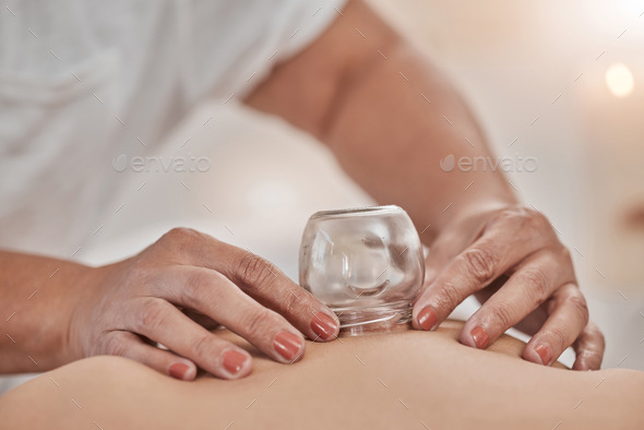 Cupping therapy, massage and hands with glass zoom for spa, holistic wellness and body healing. Pro