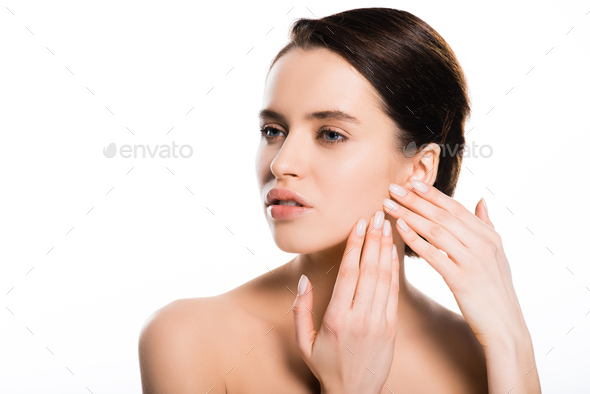 beautiful nude young woman touching skin isolated on white Stock Photo