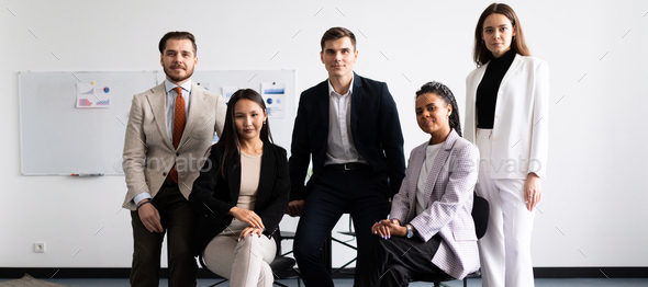 . Happy young multiethnic corporate staff, bank workers photo shoot, HR agency recruitments.