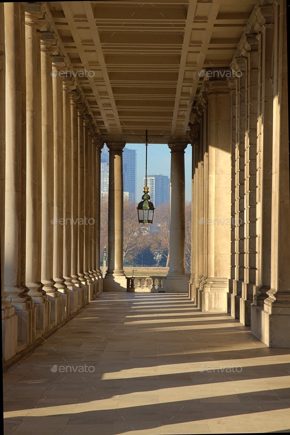Greenwich Naval College columns with lamp - Stock Photo - Images