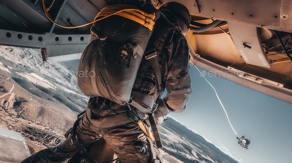 Amazing shot of an airborne forces soldier going to jump from an airplane