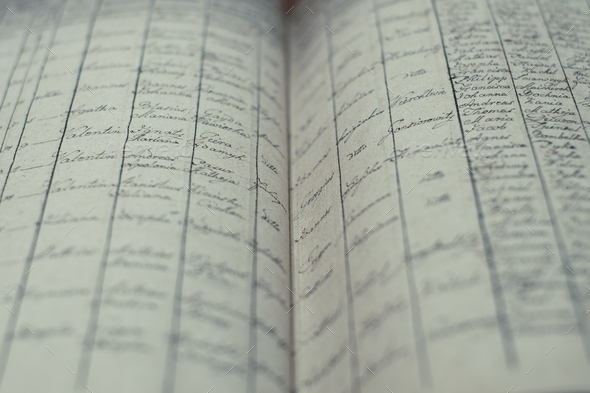 Soft focus of an old book of local records with list of residents\' names and information