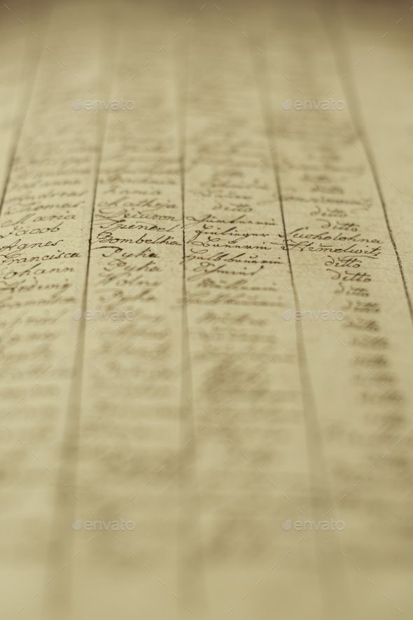 Vertical soft focus of an old book of local records with list of residents\' names and information