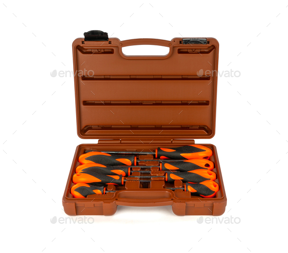 brand new metal and plastic tool screwdriver handtools in plastic case toolbox for repair isolated - Stock Photo - Images