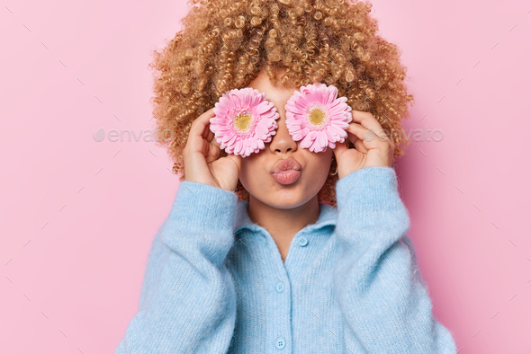 Curly haired woman keeps lips rounded covers eyes with gerbera flowers prepares decoration dressed i