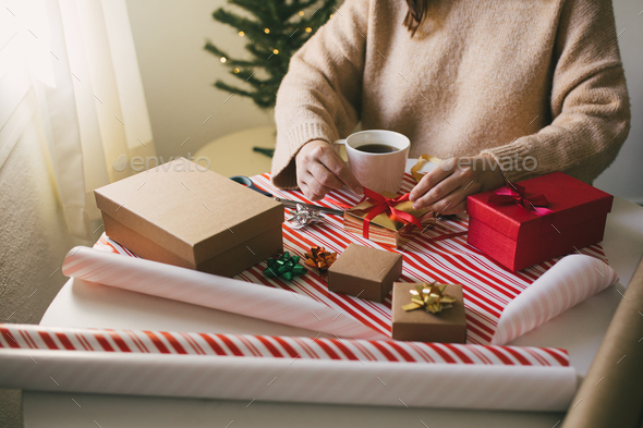 christmas present with wrapping paper scissors, Stock image