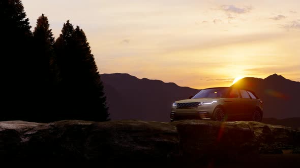 Luxury Off-Road Vehicle Parked in Mountainous and Rocky Areas with Sunset Views
