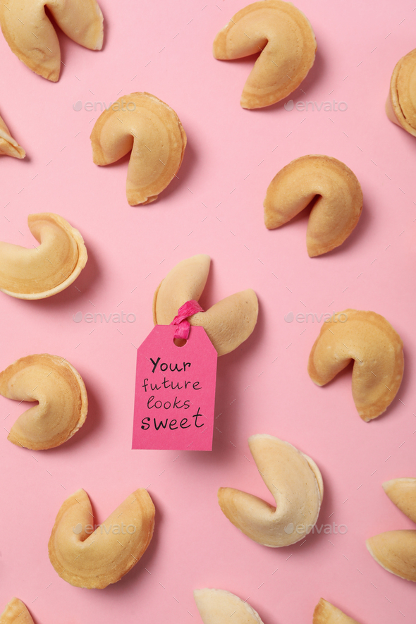 Chinese fortune cookies with prediction words, top view Stock Photo by