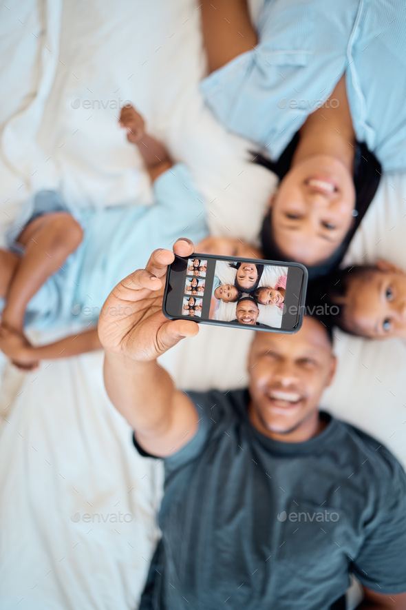 Black family, happy or phone selfie in bedroom for love, relax or post it on social media app in ho - Stock Photo - Images