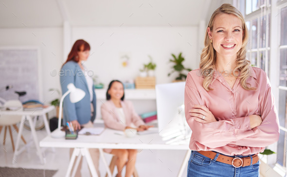 Woman, creative company and leadership portrait in office of digital marketing agency, advertising