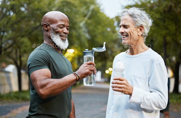 Exercise, water bottle and senior men or friends together at a park for  running, walking and fitnes Stock Photo by YuriArcursPeopleimages