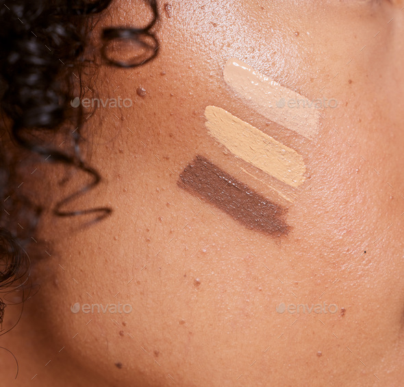 Woman face, zoom and makeup color, foundation and cosmetics product with skincare shades of brown.