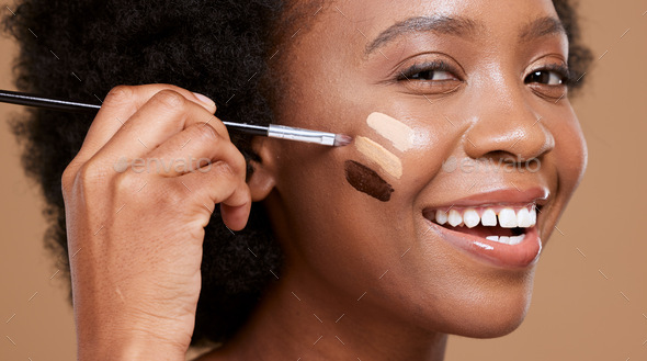 Black woman, makeup brush and beauty in studio for skincare portrait,  wellness and cosmetics by bac Stock Photo by YuriArcursPeopleimages