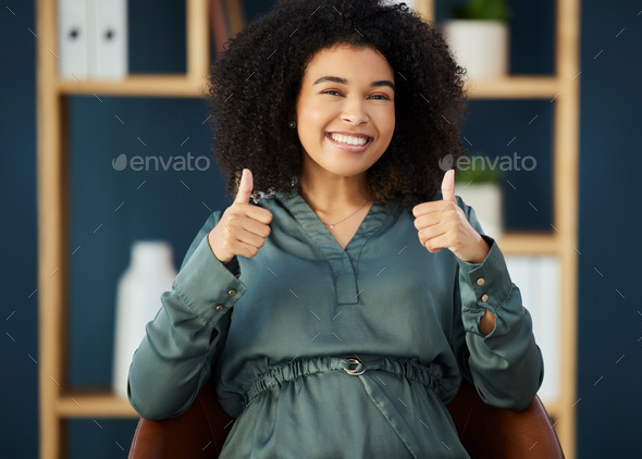 Business woman, afro or success thumbs up in office target, creative company or marketing startup w