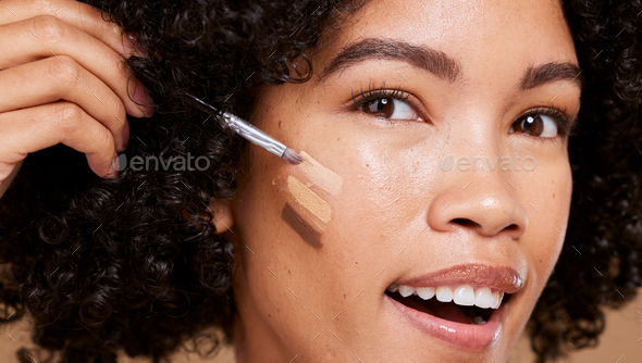 Makeup, face and woman in studio for beauty, product and foundation, shade and glamour closeup. Por