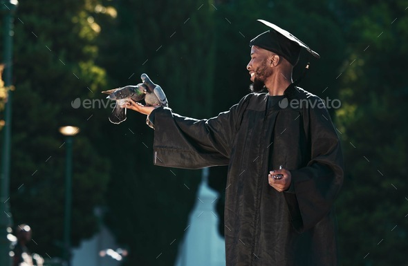 Black man, graduation and birds for achievement, success and goals of future, dreams or education m