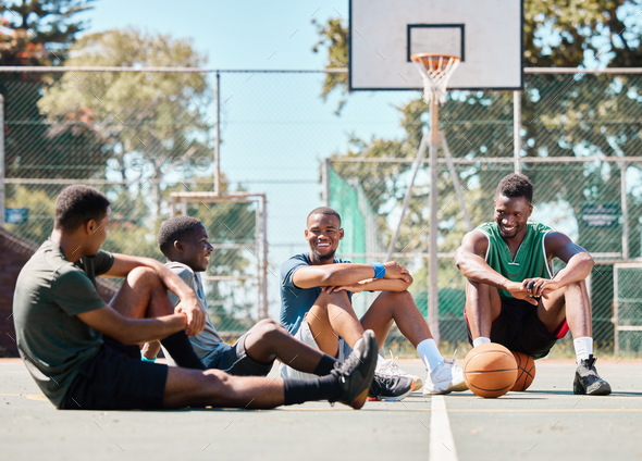 Basketball court, friends and men, break and team sports, social conversation and relax in communit - Stock Photo - Images