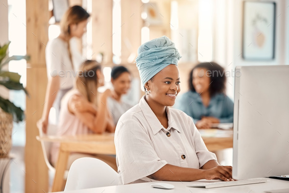 Business, black woman and computer planning for digital marketing agency, seo research and internet