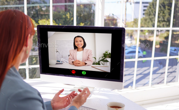 Video call, computer and business woman in office, video conference or remote meeting. Business mee