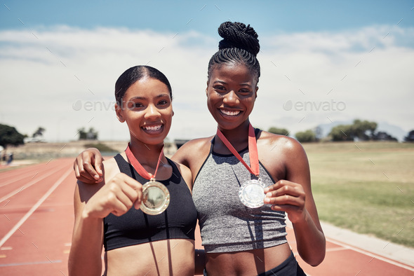 Fitness, friends or black woman with medals for winner, sports victory or wellness race success at