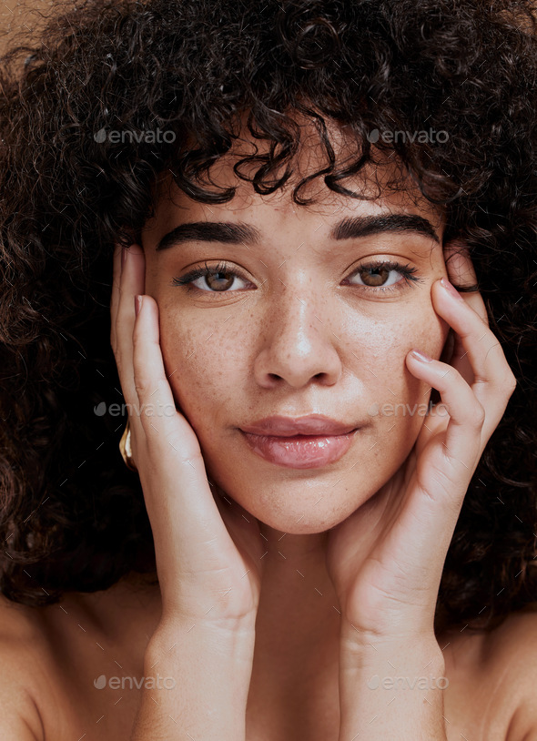  Beauty, portrait and natural face of black woman with healthy freckle ...