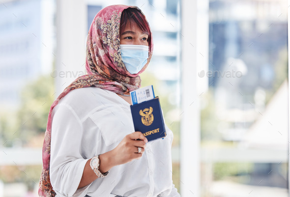 Travel, immigration and refugee woman with passport, mask and hijab at customs with ticket. Covid r