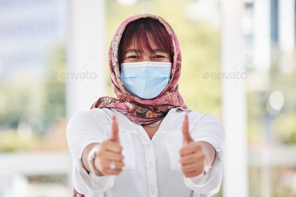 Business woman, covid and thumbs up for workplace compliance, corona virus health policy and muslim