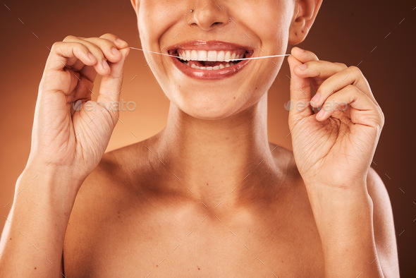 Teeth, zoom and woman with floss for dental cleaning, teeth whitening and healthy mouth protection