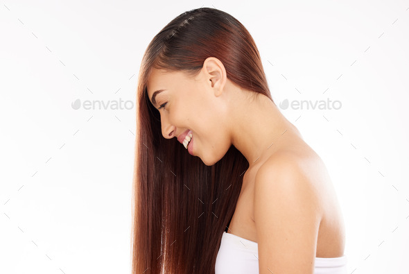 Hair care, wellness and salon treatment happiness of a woman after luxury hair salon treatment. Cos