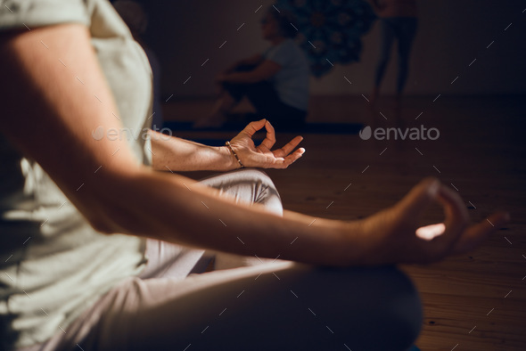 Meditation, zen and lotus hands, mindfulness and chakra balance with yoga and positive energy in fi