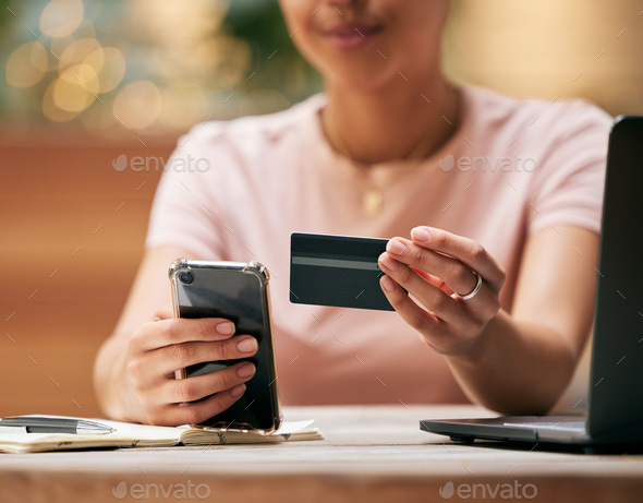 Finance, phone or hands with credit card for a payment after online shopping on ecommerce or fintec