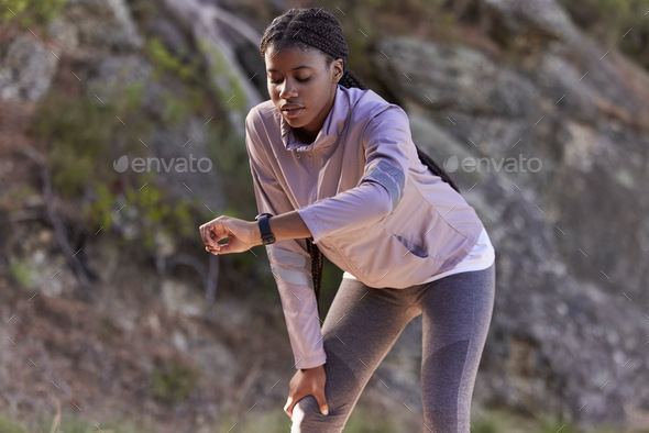 Watch, nature running and tired runner check smartwatch ui screen to track steps, calories counter