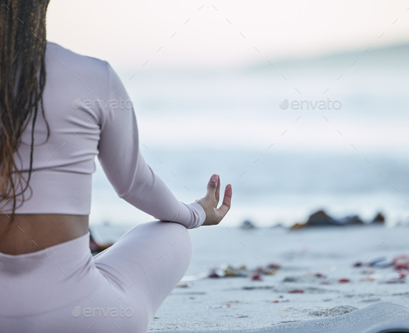 Yoga, Zen and Back View of Black Woman at Beach on Yoga Mat Outdoors for  Health, Wellness or Mobility. Meditation, Hands Stock Photo - Image of  health, outside: 260424298