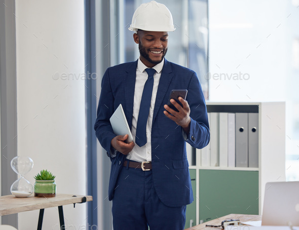 Architect, architecture and black man with smartphone in office, check social media or email with w