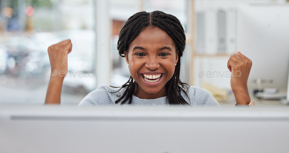 Black woman, computer or success fist in modern office, digital marketing company or advertising st