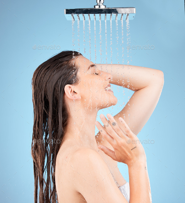 Woman, shower and water mockup for skincare health, showering for clean
