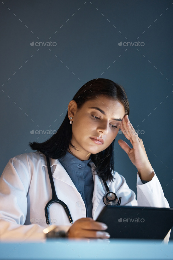 Doctor, stress and anxiety with tablet for medical research, problem and frustrated while thinking