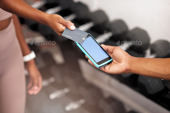 Payment, machine and woman with a credit card at the gym for a fitness contract or purchase. Card,